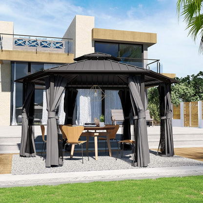 [13X15FT] Hardtop Hexagonal Gazebo With Curtains And Netting [No Furniture] (SAK60713)