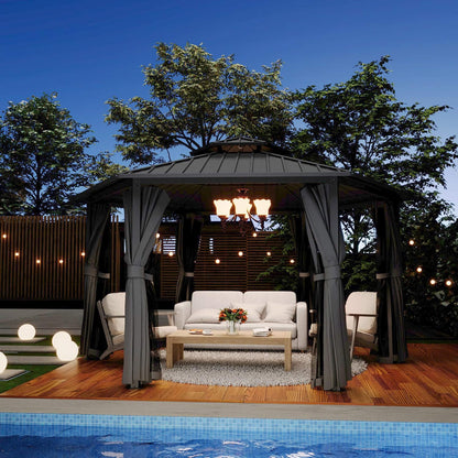 [13X15FT] Hardtop Hexagonal Gazebo With Curtains And Netting [No Furniture] (SAK60713)