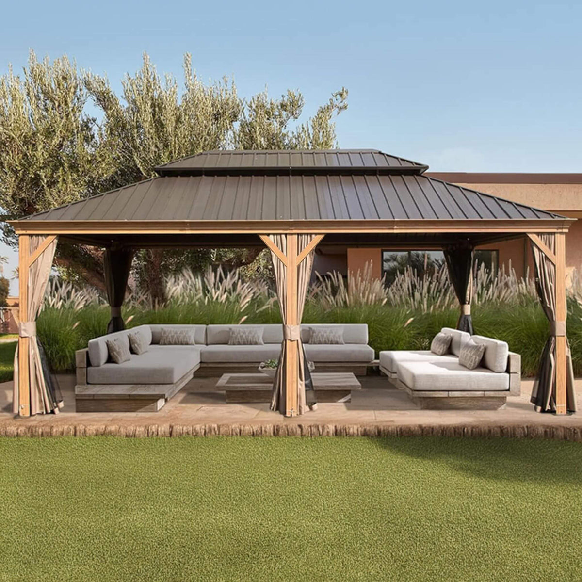 [14X24FT] Heavy-Duty Aluminum Galvanized Steel Double Roof Hardtop Gazebo With Netting And Curtains (SAK41853)