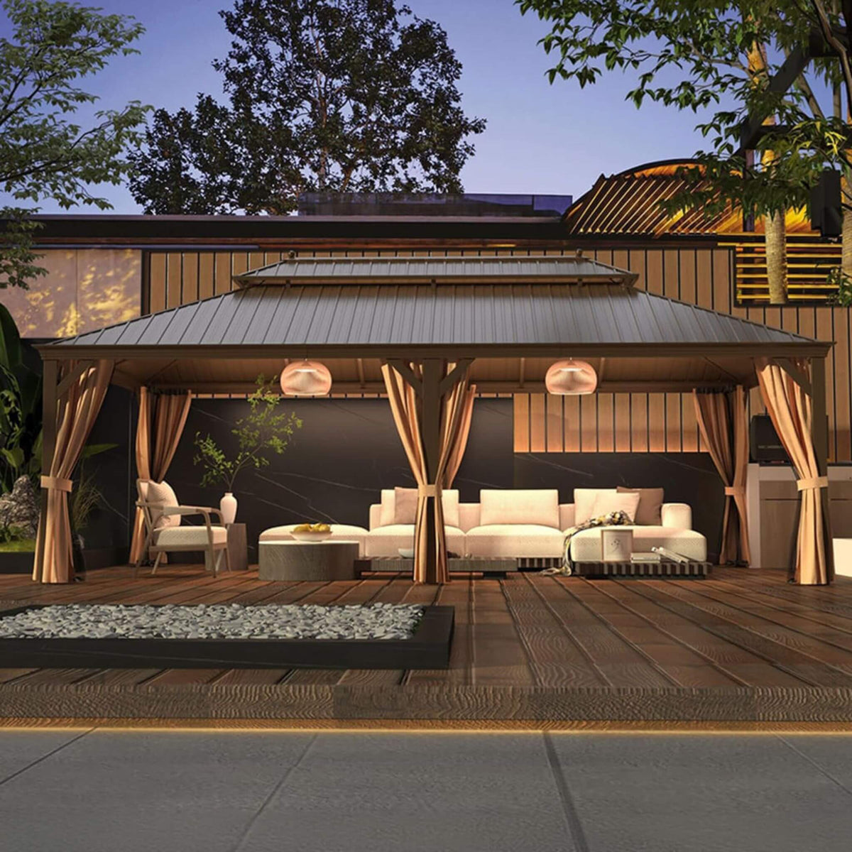 [14X24FT] Heavy-Duty Aluminum Galvanized Steel Double Roof Hardtop Gazebo With Netting And Curtains (SAK41853)
