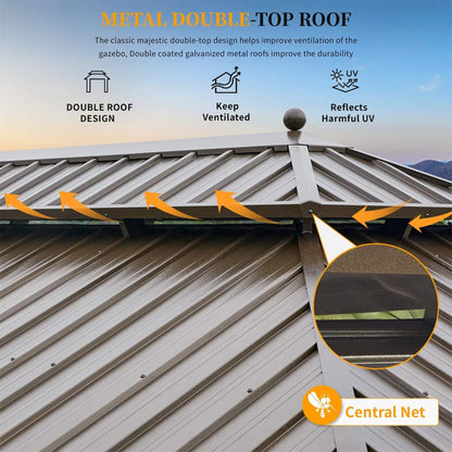 [14X24FT] Heavy-Duty Aluminum Galvanized Steel Double Roof Hardtop Gazebo With Netting And Curtains (SAK41853)