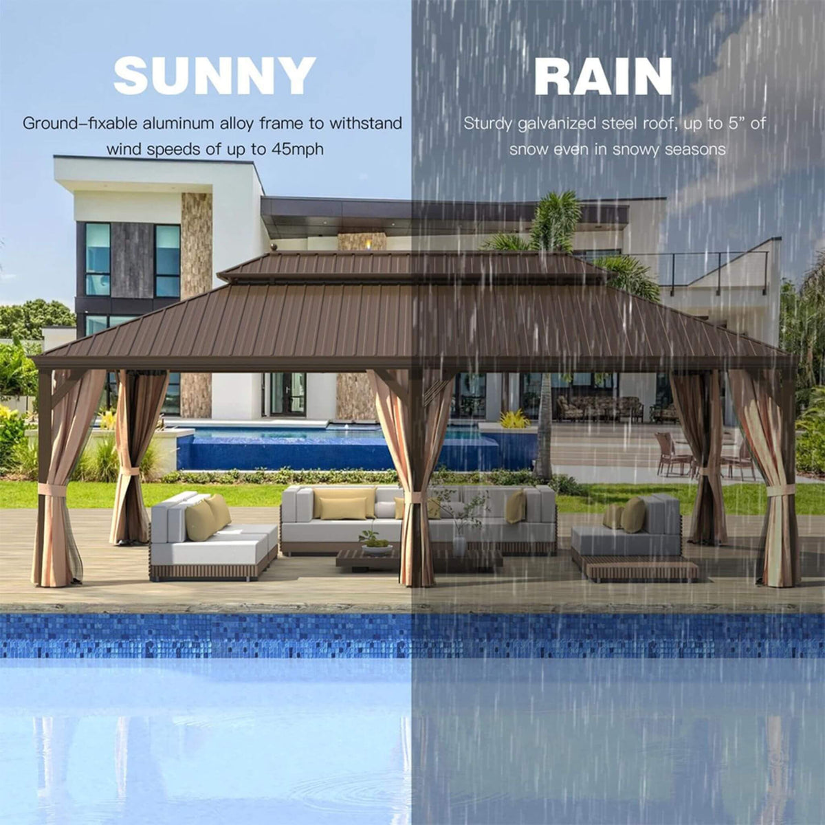 [14X24FT] Heavy-Duty Aluminum Galvanized Steel Double Roof Hardtop Gazebo With Netting And Curtains (SAK41853)