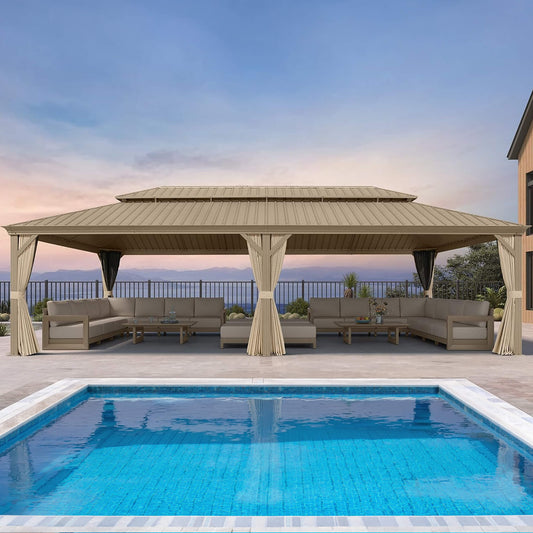 [14X28FT] Extra-Large Hardtop Gazebo With Galvanized Steel Double Roof, Curtains And Netting (SAK85731)