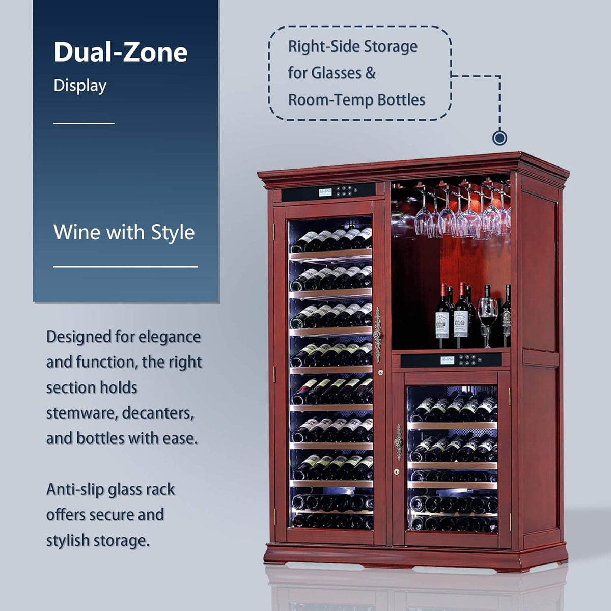 158-Bottle Wooden Wine Cooler Cabinet with Adjustable Temperature Controls