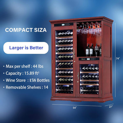 158-Bottle Wooden Wine Cooler Cabinet With Adjustable Temperature And Vacuum Insulation Doors (SAK91827)