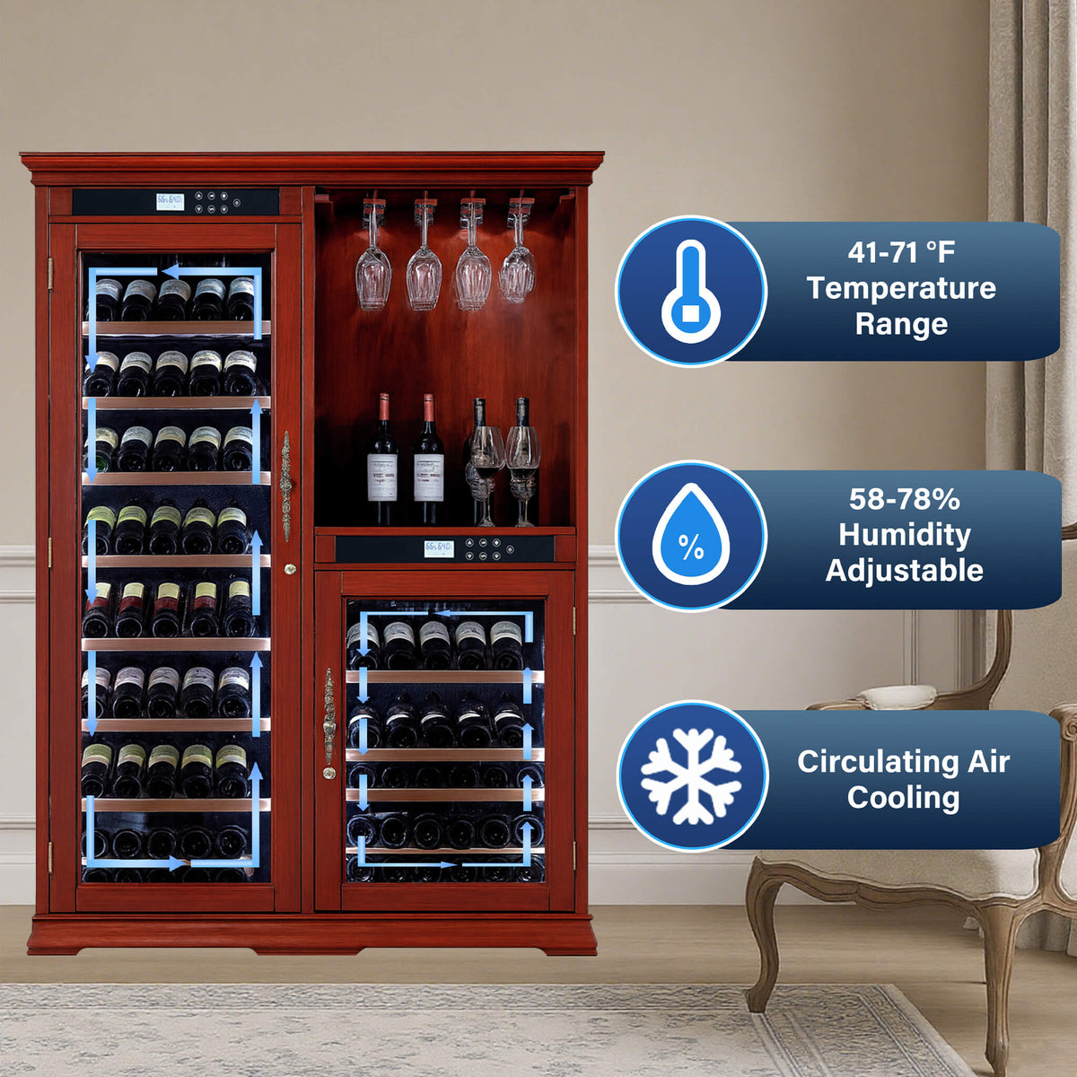 158-Bottle Wooden Wine Cooler Cabinet with Adjustable Temperature Controls