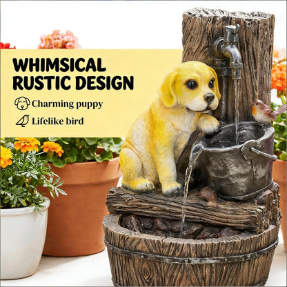 Resin Puppy Garden Outdoor Water Fountain 22 Inch