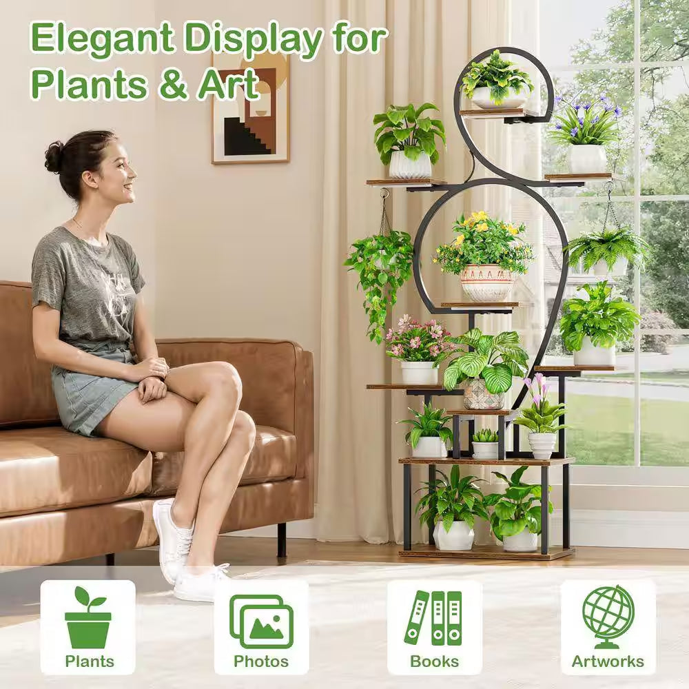 63 In. H Walnut S-Shaped MDF Indoor Plant Stand with 4 Grow Lights 9-Tiered Tall Plant Shelf 10-Level Stepless Dimming