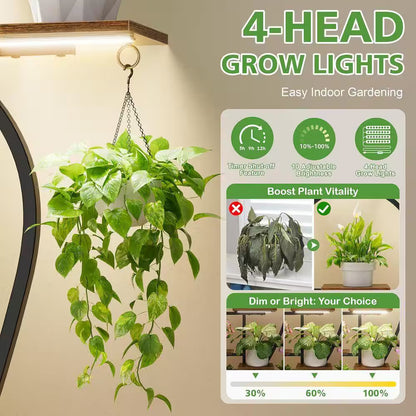 63 In. H Walnut S-Shaped MDF Indoor Plant Stand with 4 Grow Lights 9-Tiered Tall Plant Shelf 10-Level Stepless Dimming
