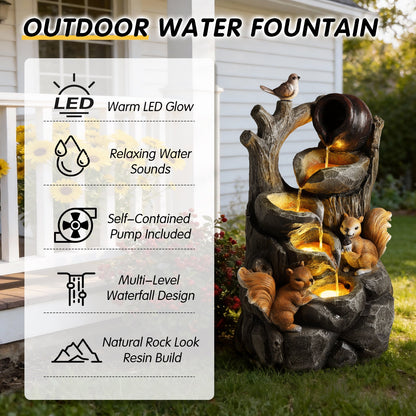 Resin Squirrel Tree Stump Outdoor Fountain 30 Inch LED