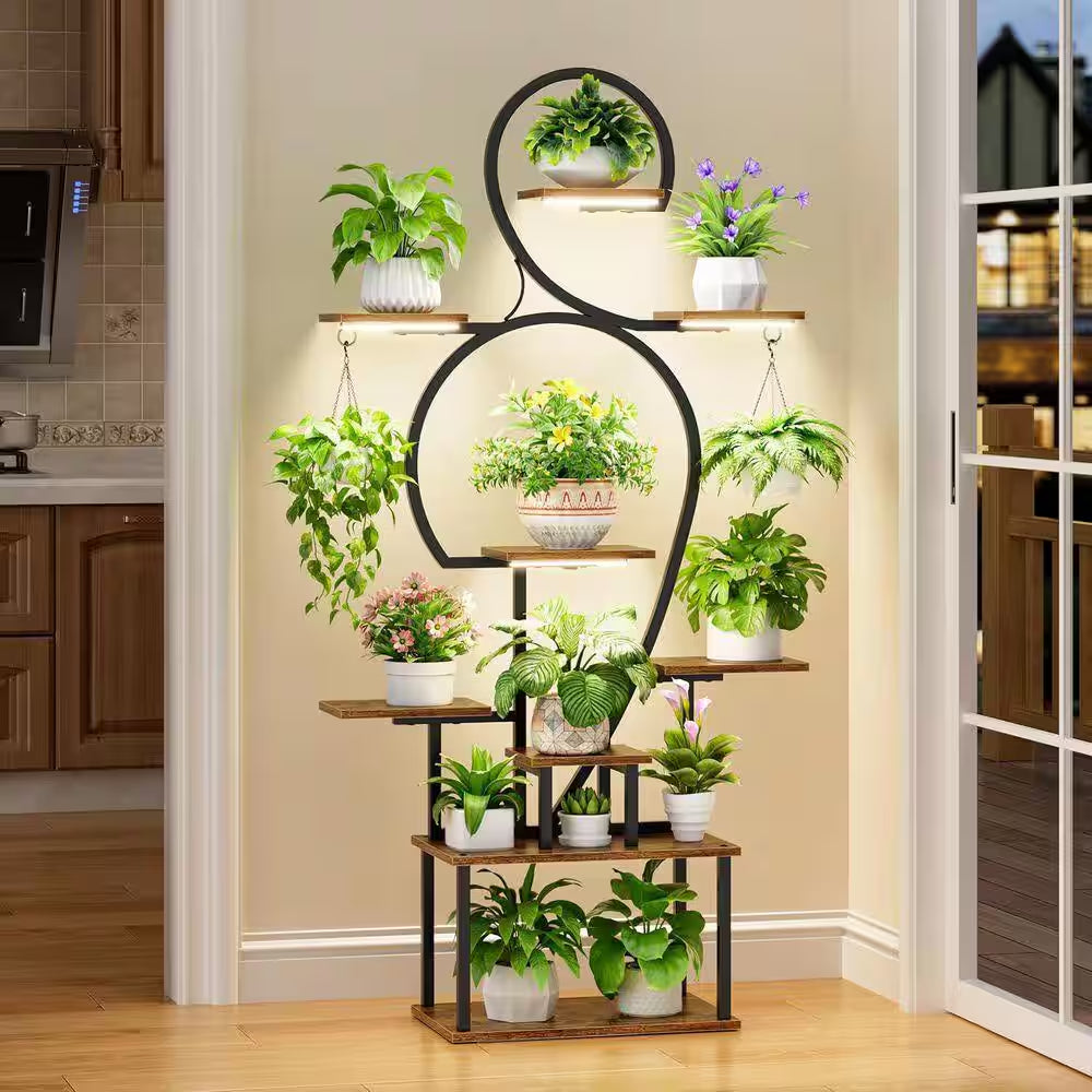 63 In. H Walnut S-Shaped MDF Indoor Plant Stand with 4 Grow Lights 9-Tiered Tall Plant Shelf 10-Level Stepless Dimming