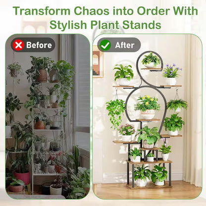 63 In. H Walnut S-Shaped MDF Indoor Plant Stand with 4 Grow Lights 9-Tiered Tall Plant Shelf 10-Level Stepless Dimming