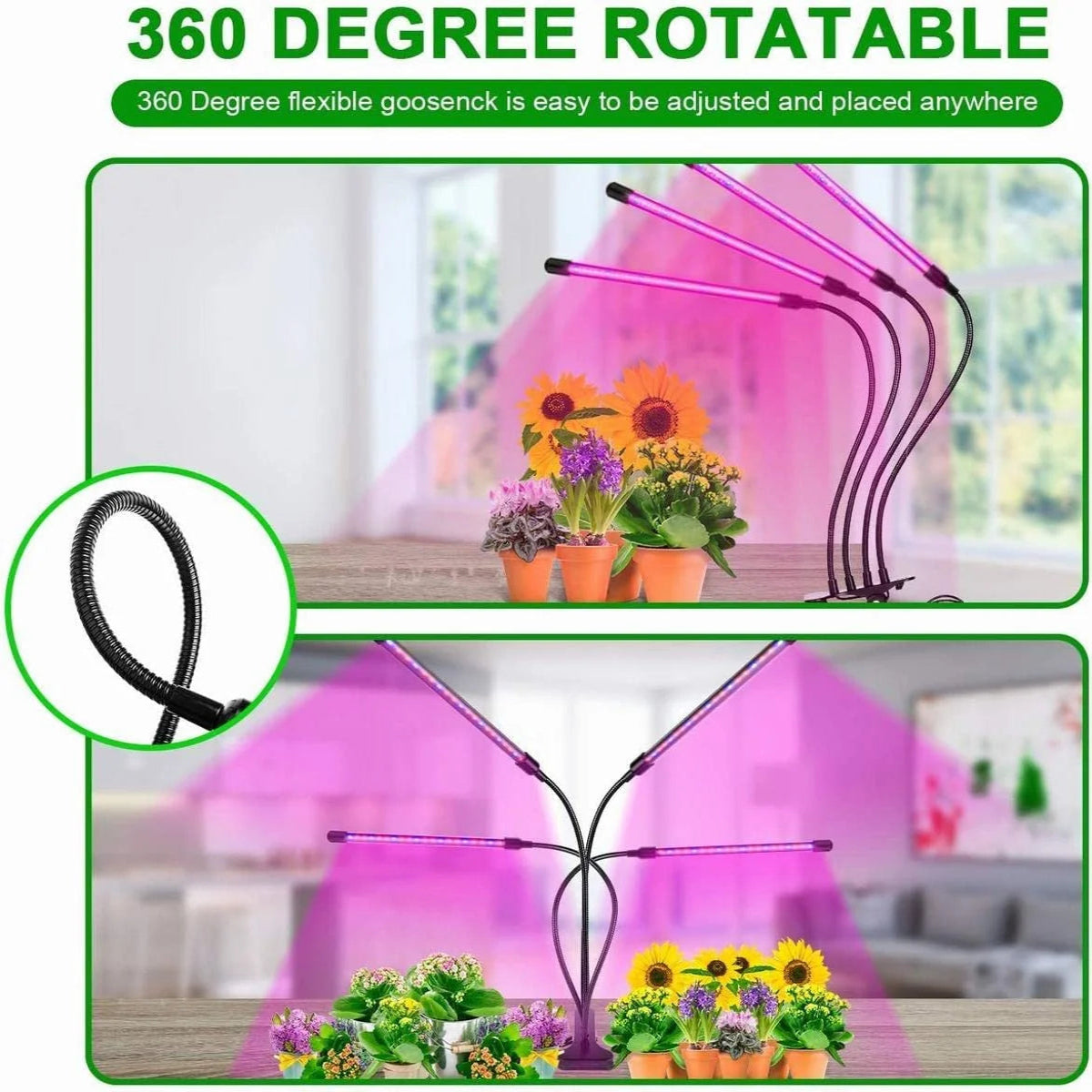 Grow Light,4 Head Grow Lights for Indoor Plants with Red Blue Spectrum, 4/8/12H Timer, 10 Dimmable Brightness for Indoor Succulent Plants Growth, 3 Switch Modes, Adjustable Gooseneck