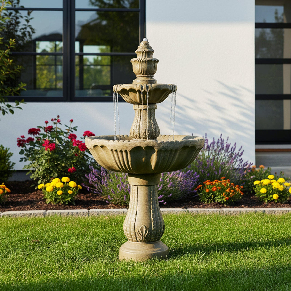Concrete Water Fountain Pedestal Scalloped 3 Tier