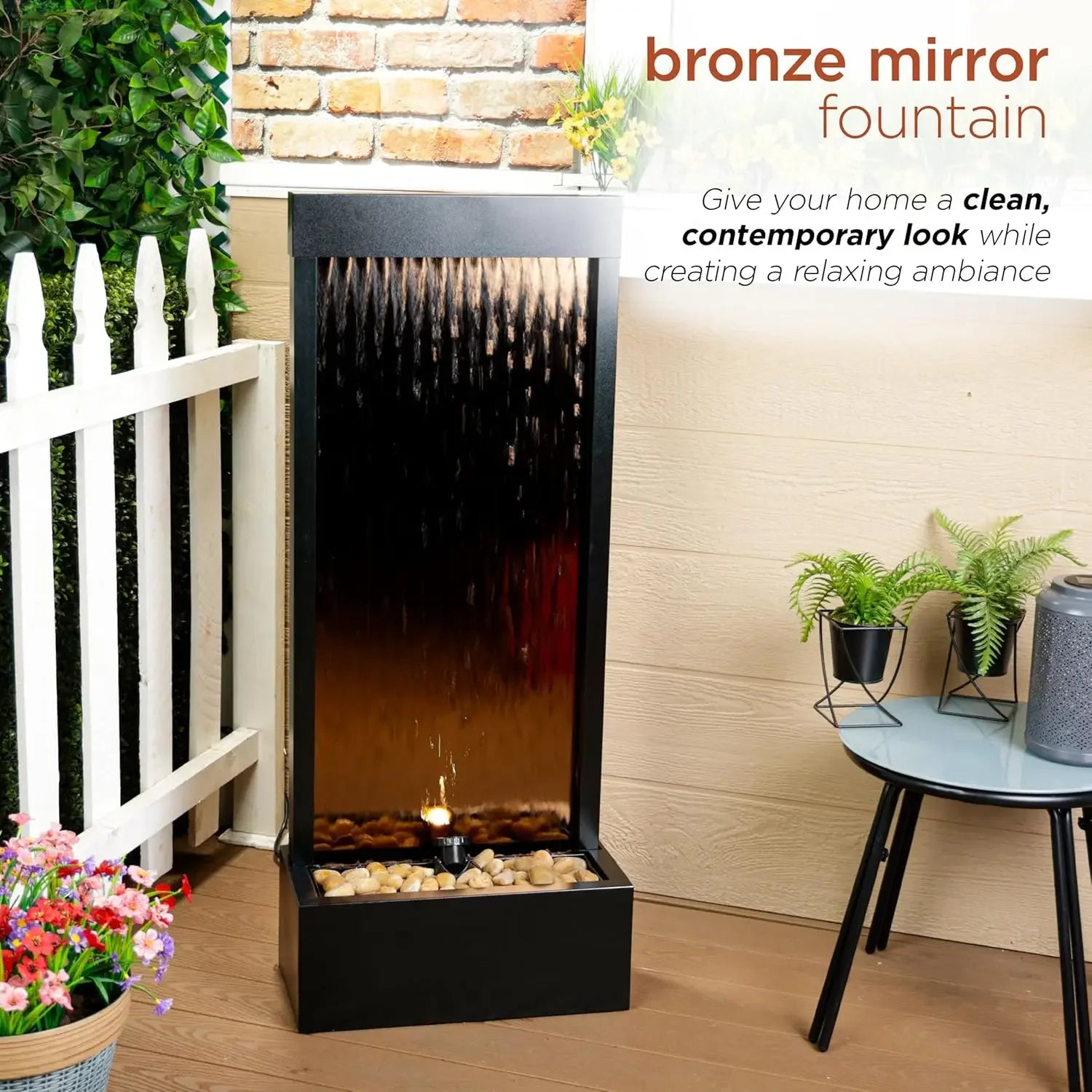 Bestseller- Mirror Waterfall Fountain with Stones & Lights - Zen Indoor/Outdoor Decor for Office, Living Room, Patio, Entryway -
