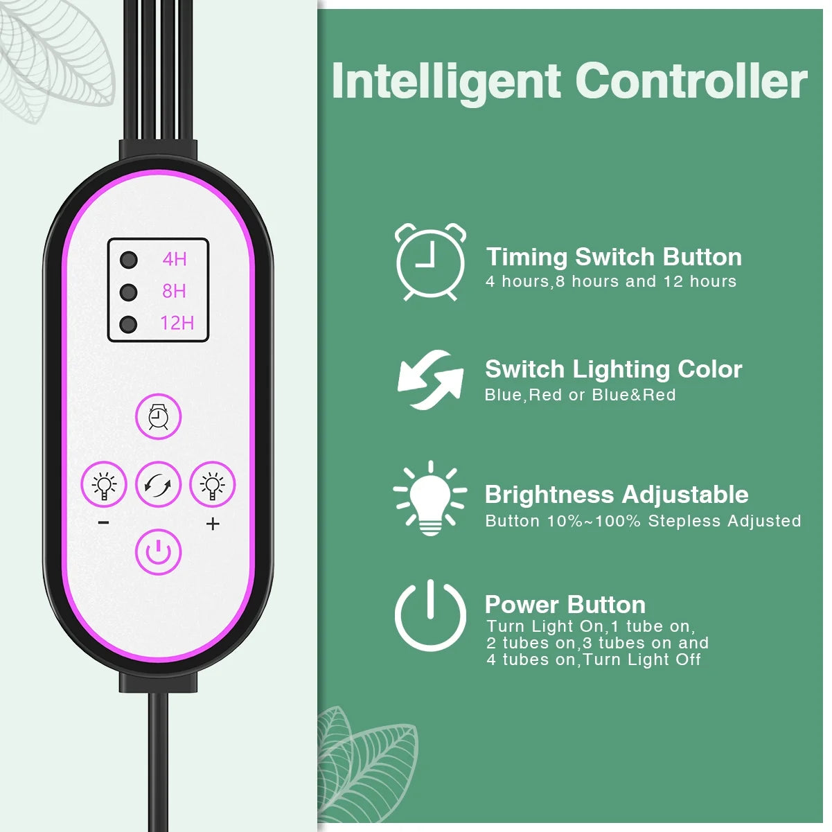 Grow Light,4 Head Grow Lights for Indoor Plants with Red Blue Spectrum, 4/8/12H Timer, 10 Dimmable Brightness for Indoor Succulent Plants Growth, 3 Switch Modes, Adjustable Gooseneck