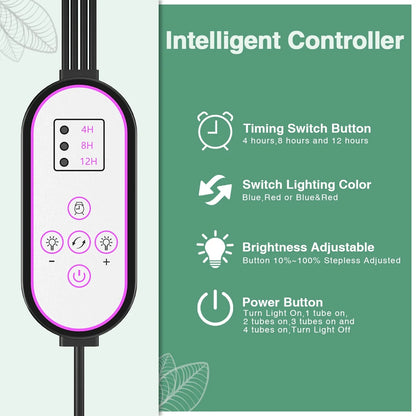 Grow Light,4 Head Grow Lights for Indoor Plants with Red Blue Spectrum, 4/8/12H Timer, 10 Dimmable Brightness for Indoor Succulent Plants Growth, 3 Switch Modes, Adjustable Gooseneck