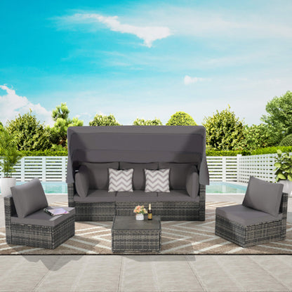 5-Piece Outdoor Patio Wicker Daybed Furniture Set With Retractable Canopy (SAK37816)