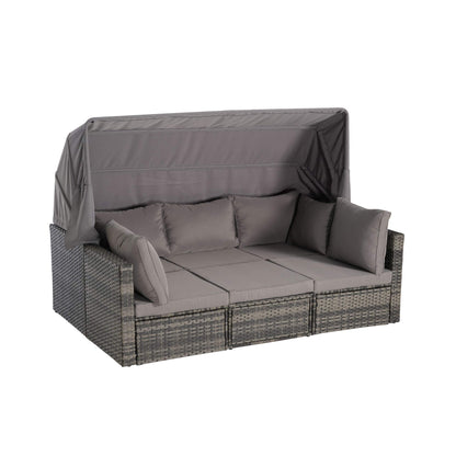 5-Piece Outdoor Patio Wicker Daybed Furniture Set With Retractable Canopy (SAK37816)