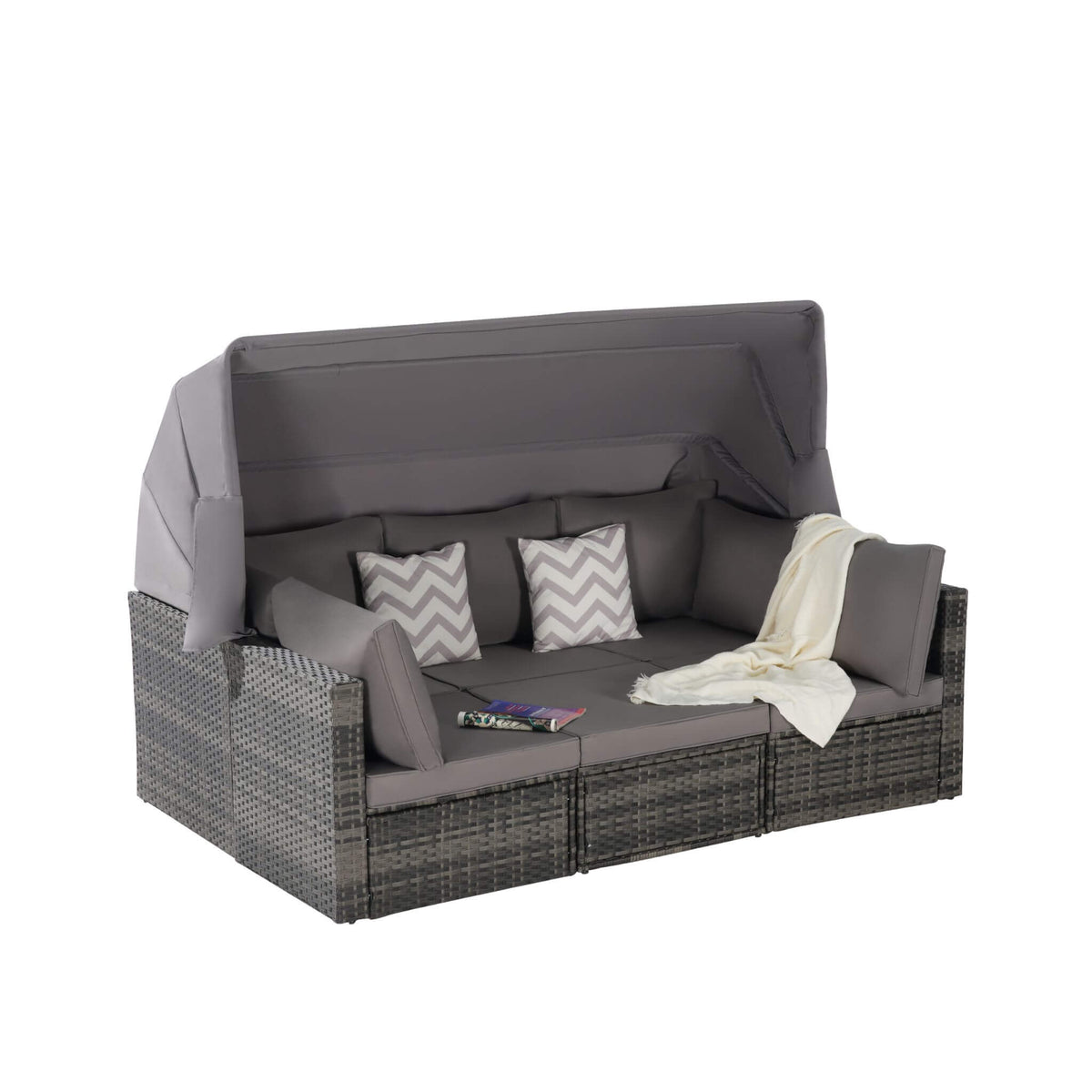 5-Piece Outdoor Patio Wicker Daybed Furniture Set With Retractable Canopy (SAK37816)