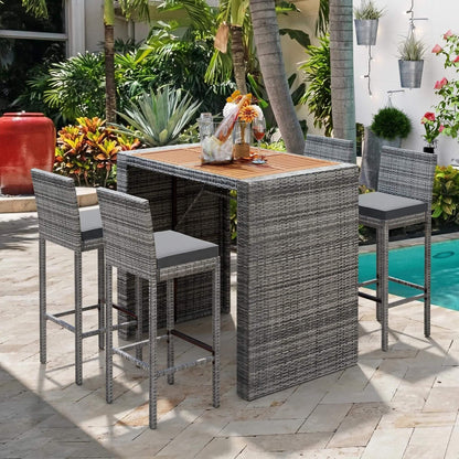 5-Piece Wicker Patio Bar Set With Cushions & Acacia Table (SAK26801)