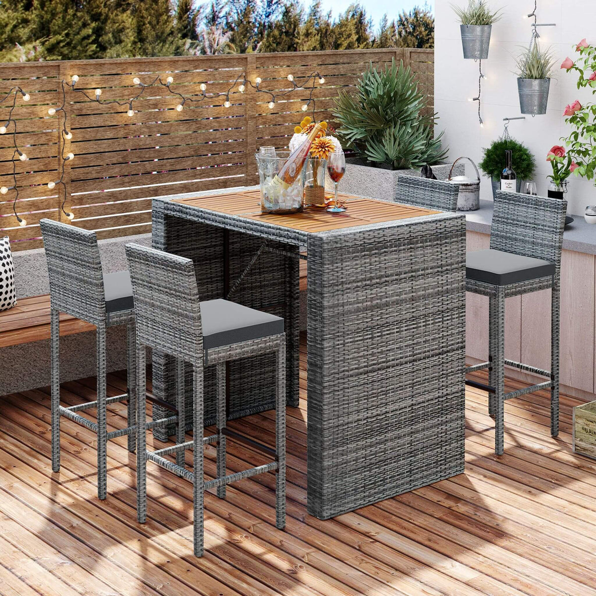 5-Piece Wicker Patio Bar Set With Cushions & Acacia Table (SAK26801)