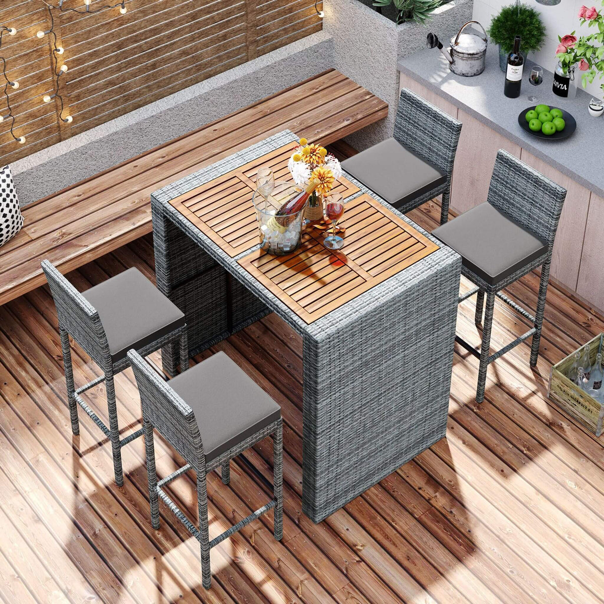 5-Piece Wicker Patio Bar Set With Cushions & Acacia Table (SAK26801)