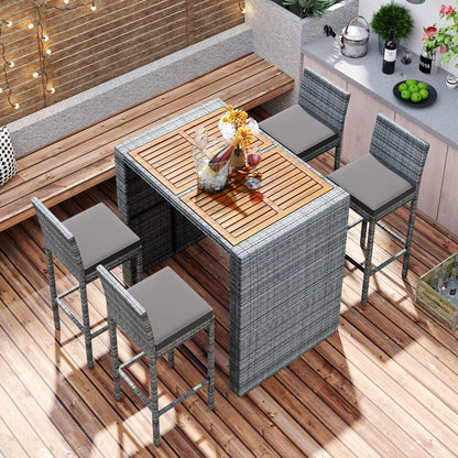 5-Piece Wicker Patio Bar Set With Cushions & Acacia Table (SAK26801)