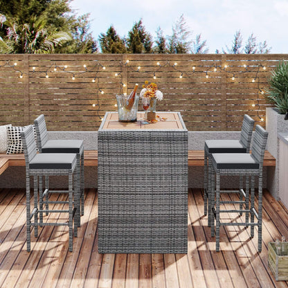 5-Piece Wicker Patio Bar Set With Cushions & Acacia Table (SAK26801)