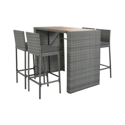 5-Piece Wicker Patio Bar Set With Cushions & Acacia Table (SAK26801)