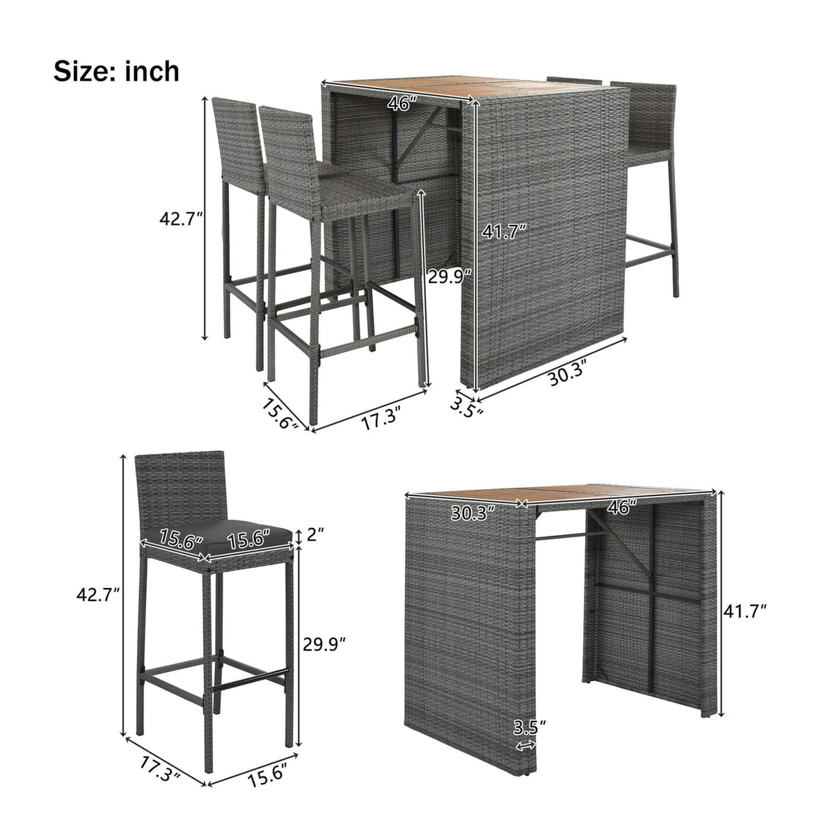 5-Piece Wicker Patio Bar Set With Cushions & Acacia Table (SAK26801)
