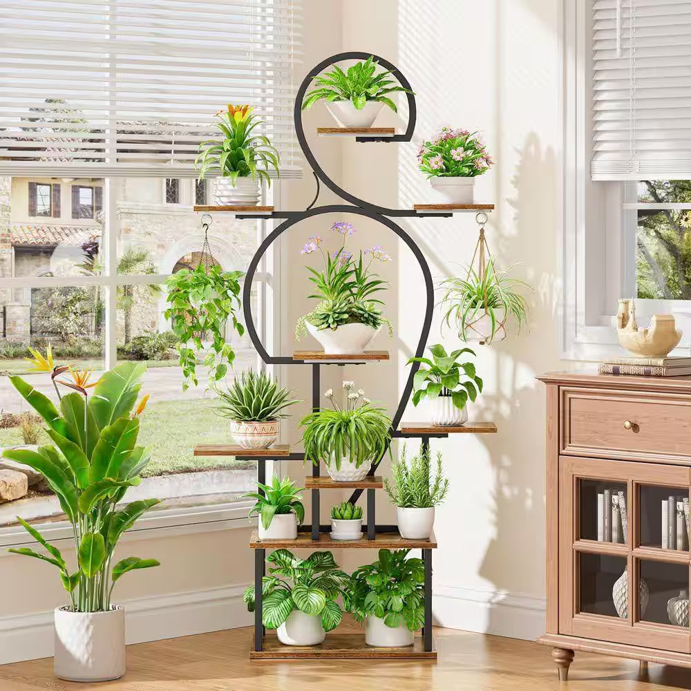 63 In. H Walnut S-Shaped MDF Indoor Plant Stand with 4 Grow Lights 9-Tiered Tall Plant Shelf 10-Level Stepless Dimming