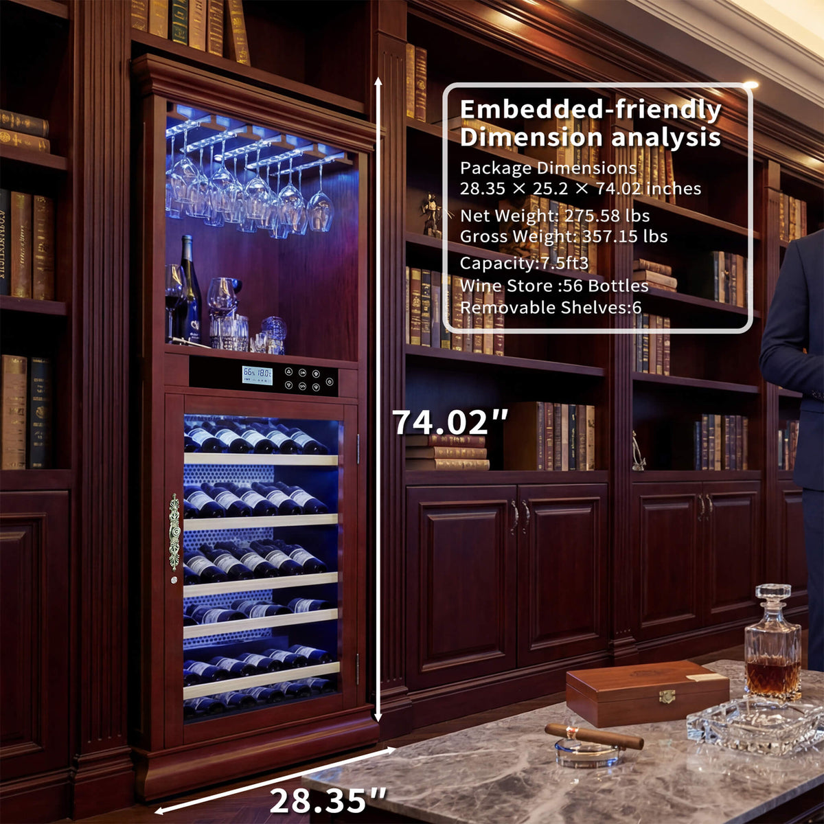 56-Bottle Wooden Wine Cooler Cabinet with Single-Zone Temperature and Humidity Controls