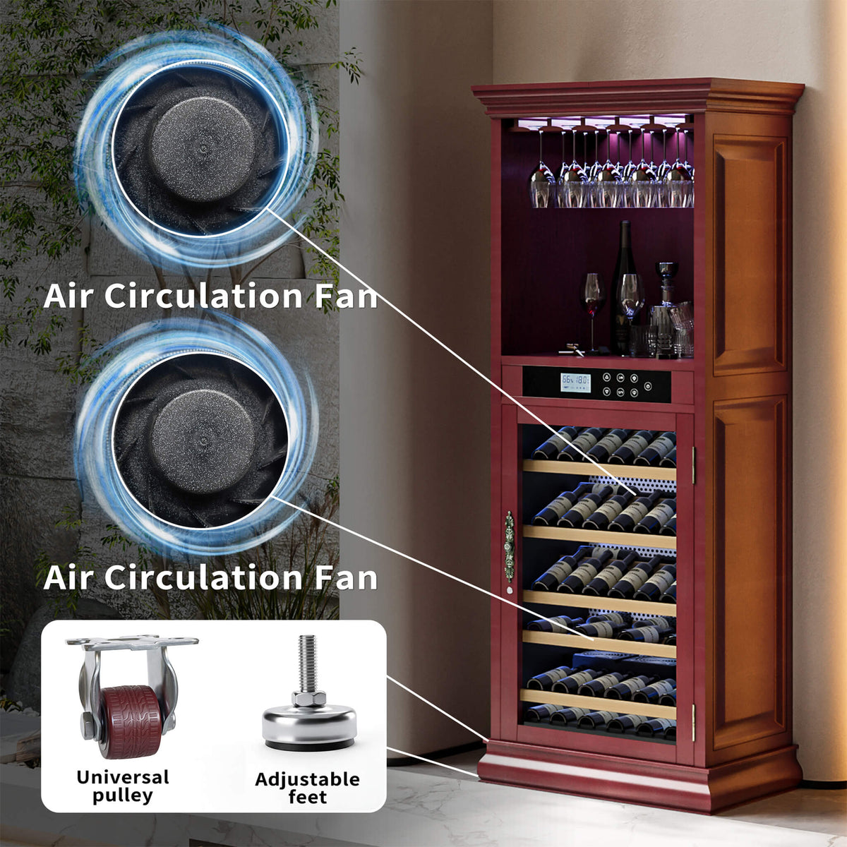 56-Bottle Wooden Wine Cooler Cabinet with Single-Zone Temperature and Humidity Controls