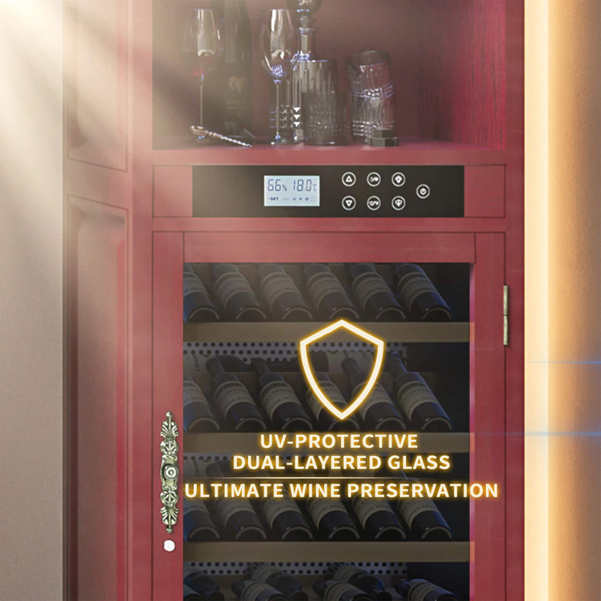 56-Bottle Wooden Wine Cooler Cabinet with Single-Zone Temperature and Humidity Controls