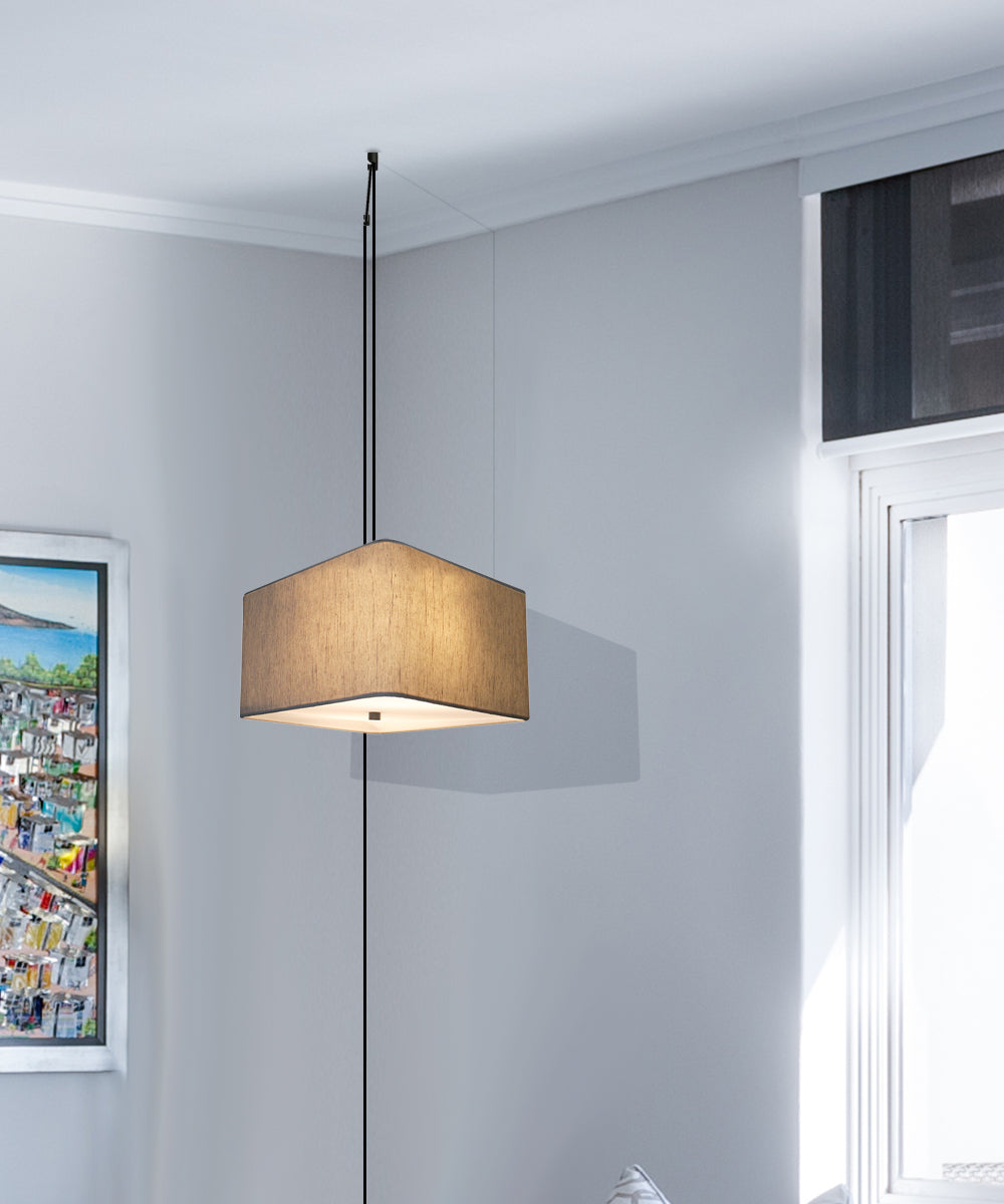16-Inch Oatmeal Drum Pendant Light with Diffuser and Black Plug-In Cord