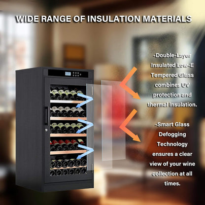 69-Bottle Freestanding Wine Cooler with Wooden Design and LED Touch Display