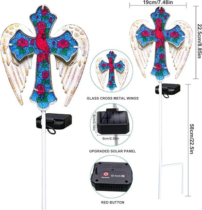 YJFWAL Cardinal Bird&Rose Cross Garden Stake Light, Solar Glass Cross for Cemetery Grave, Jesus Cross Angel Wings Sympathy Memorial Gifts, Halloween Christmas Garden Lawn Yard Patio Decor