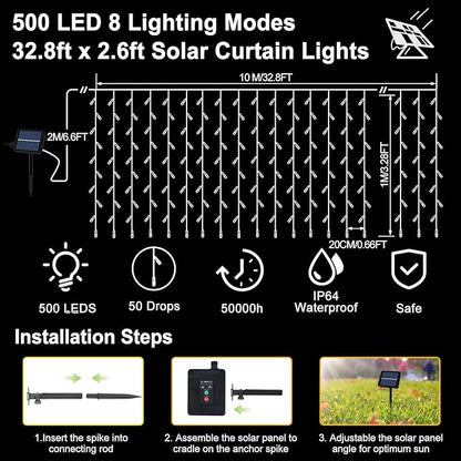 echosari Solar Powered Curtain Lights 33ftx 3ft 500 LED Outdoor Curtain Lights Waterproof with Timer 8 Modes for Christmas Garden Patio Fence Wedding Wall Window Gazebo Decor - Cool White