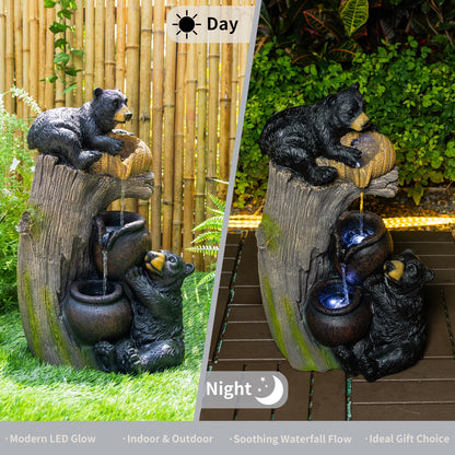 Resin Black Bear Outdoor Water Fountain with LED Lights