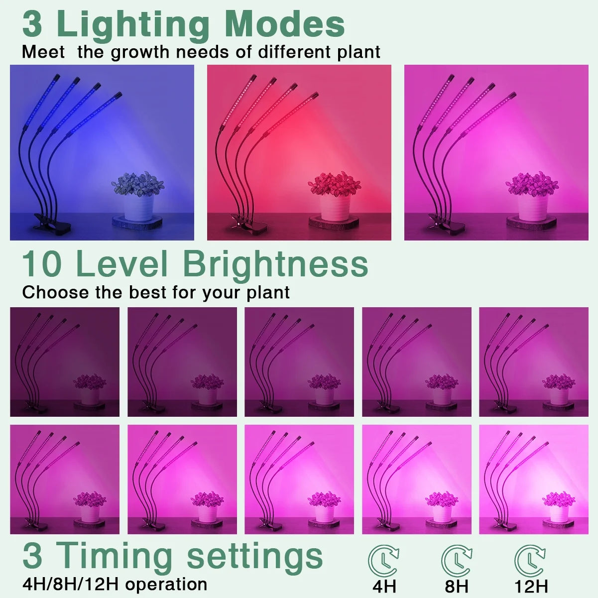 Grow Light,4 Head Grow Lights for Indoor Plants with Red Blue Spectrum, 4/8/12H Timer, 10 Dimmable Brightness for Indoor Succulent Plants Growth, 3 Switch Modes, Adjustable Gooseneck