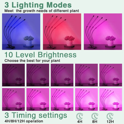 Grow Light,4 Head Grow Lights for Indoor Plants with Red Blue Spectrum, 4/8/12H Timer, 10 Dimmable Brightness for Indoor Succulent Plants Growth, 3 Switch Modes, Adjustable Gooseneck
