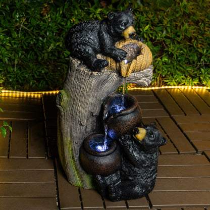 Resin Black Bear Outdoor Water Fountain with LED Lights