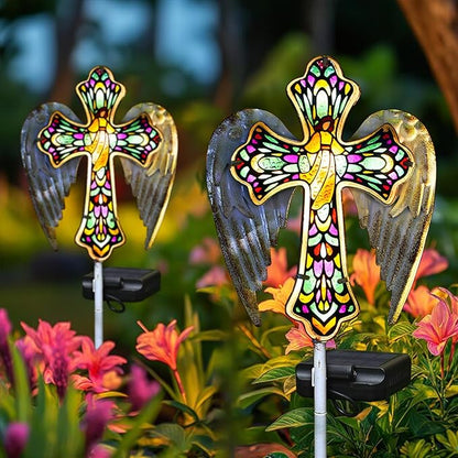 YJFWAL Solar Glass Cross Garden Stake Light, Cemetery Decorations for Grave Outdoor Lights, Jesus Cross Angel Wings Sympathy Memorial Gifts, for Easter Halloween Garden Lawn Yard Patio Decor
