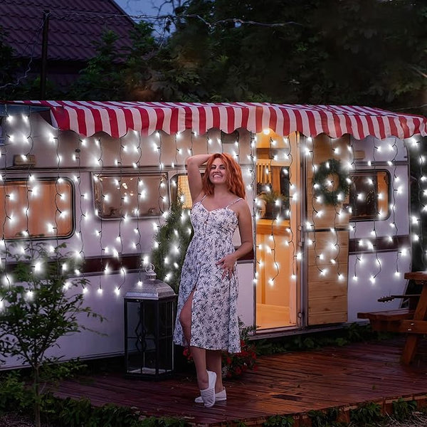 echosari Solar Powered Curtain Lights 33ftx 3ft 500 LED Outdoor Curtain Lights Waterproof with Timer 8 Modes for Christmas Garden Patio Fence Wedding Wall Window Gazebo Decor - Cool White