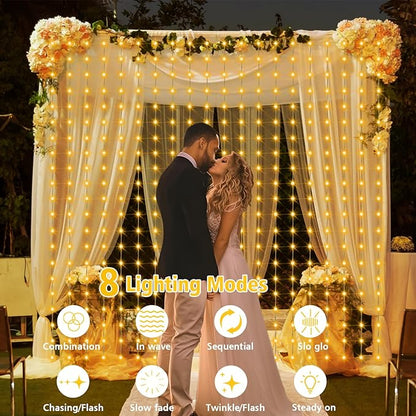 Solar Curtain Lights 7.9ft x 6ft 144 LED Outdoor Curtain Lights Waterproof with Timer 8 Modes for Christmas Garden Patio Fence Wedding Wall Window Gazebo Decor - Warm White
