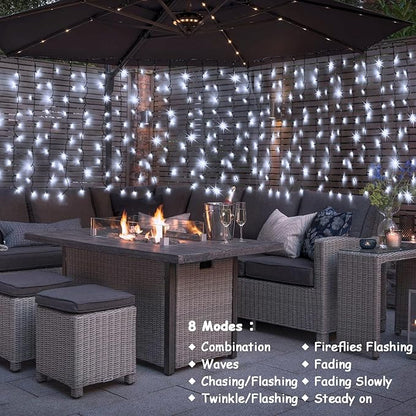 echosari Solar Powered Curtain Lights 33ftx 3ft 500 LED Outdoor Curtain Lights Waterproof with Timer 8 Modes for Christmas Garden Patio Fence Wedding Wall Window Gazebo Decor - Cool White