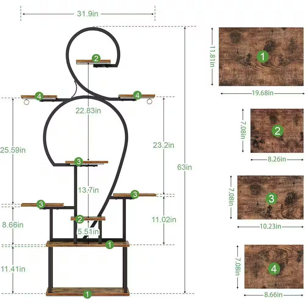 63 In. H Walnut S-Shaped MDF Indoor Plant Stand with 4 Grow Lights 9-Tiered Tall Plant Shelf 10-Level Stepless Dimming