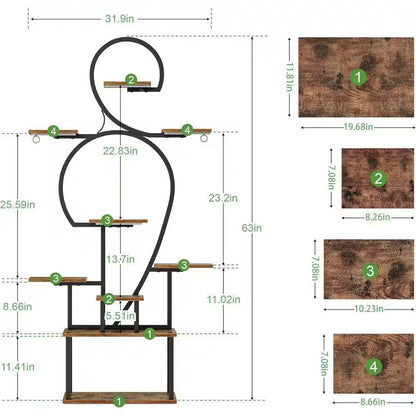 63 In. H Walnut S-Shaped MDF Indoor Plant Stand with 4 Grow Lights 9-Tiered Tall Plant Shelf 10-Level Stepless Dimming