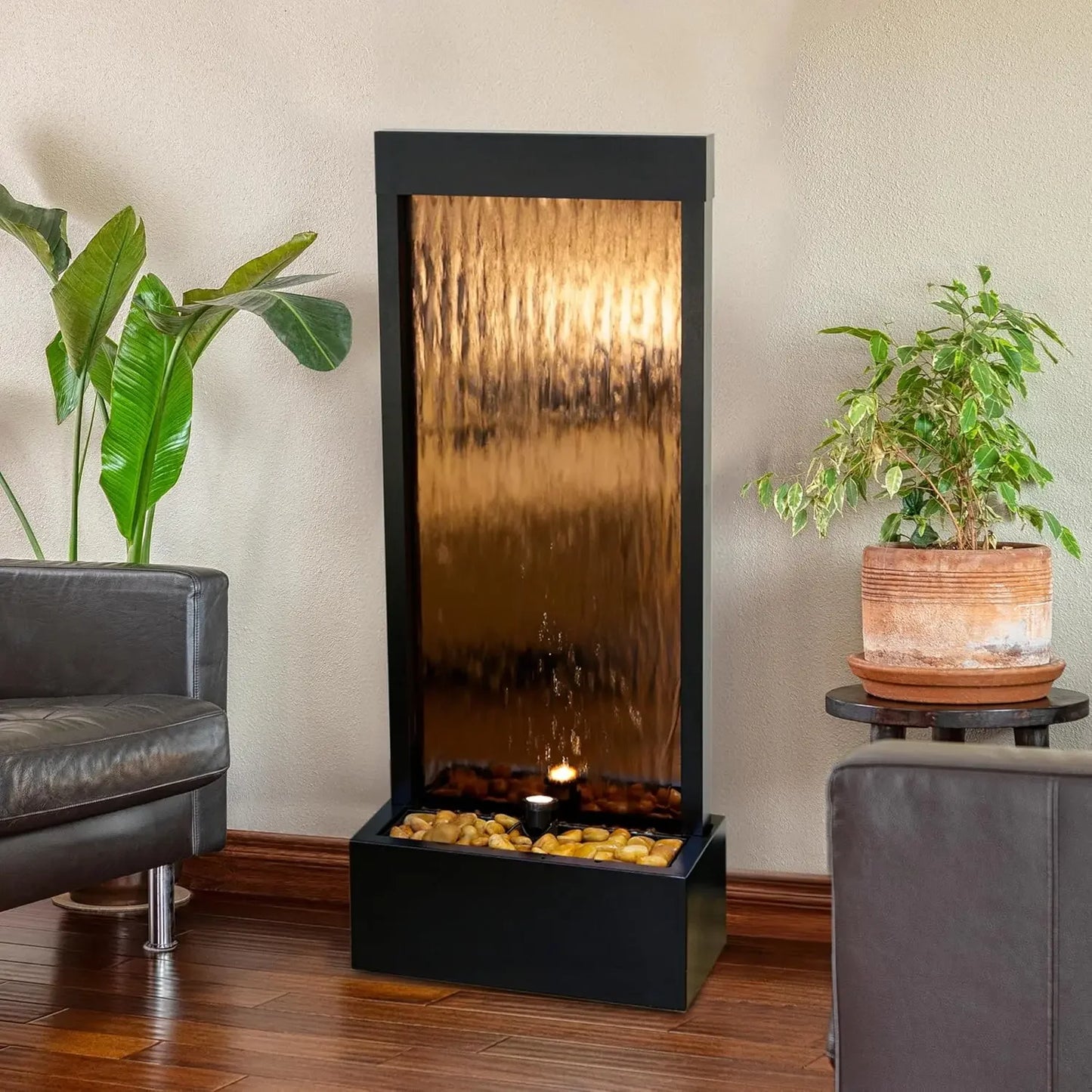Bestseller- Mirror Waterfall Fountain with Stones & Lights - Zen Indoor/Outdoor Decor for Office, Living Room, Patio, Entryway -